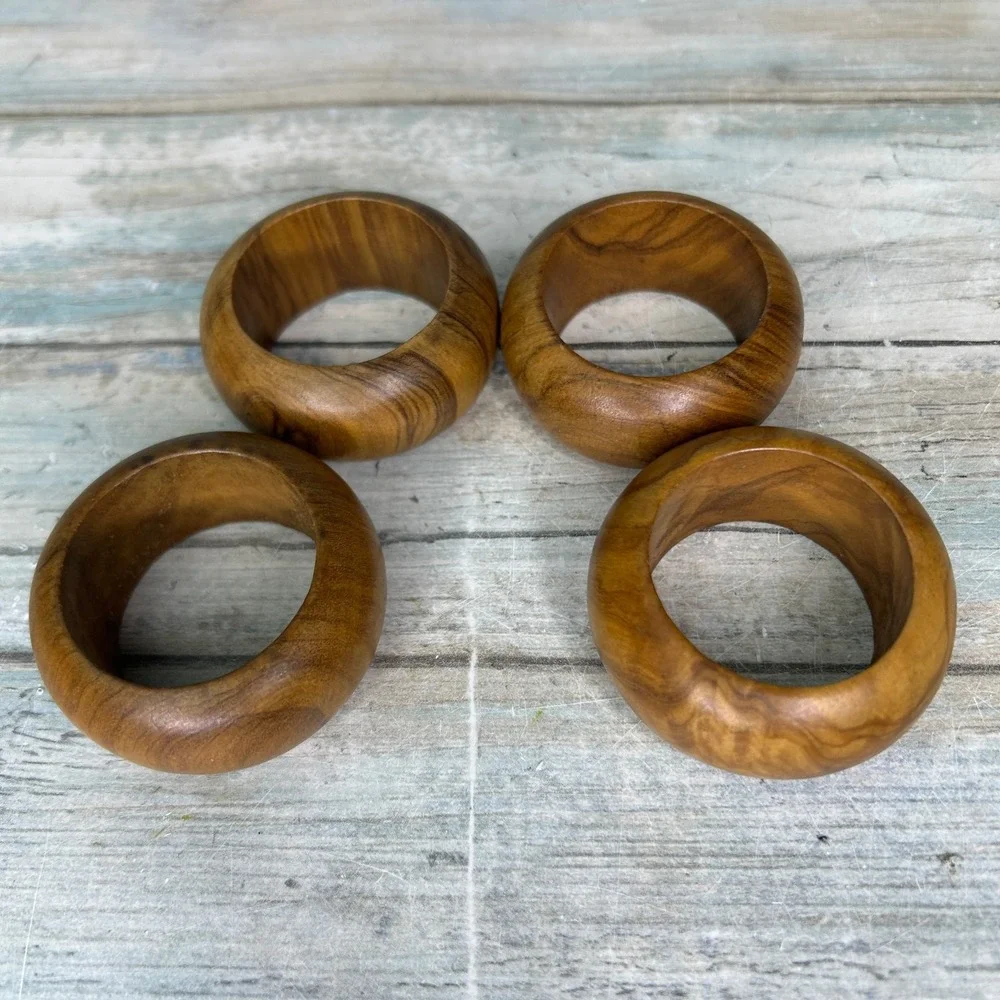 Vintage Bohemian Wooden Round Napkin Rings Natural Brown Table Setting Boho MCM